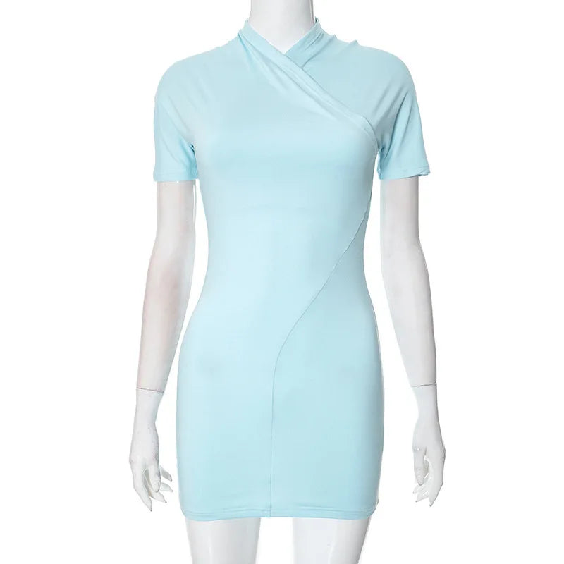Solid Color Cross Patchwork Short Sleeve Mini Dress