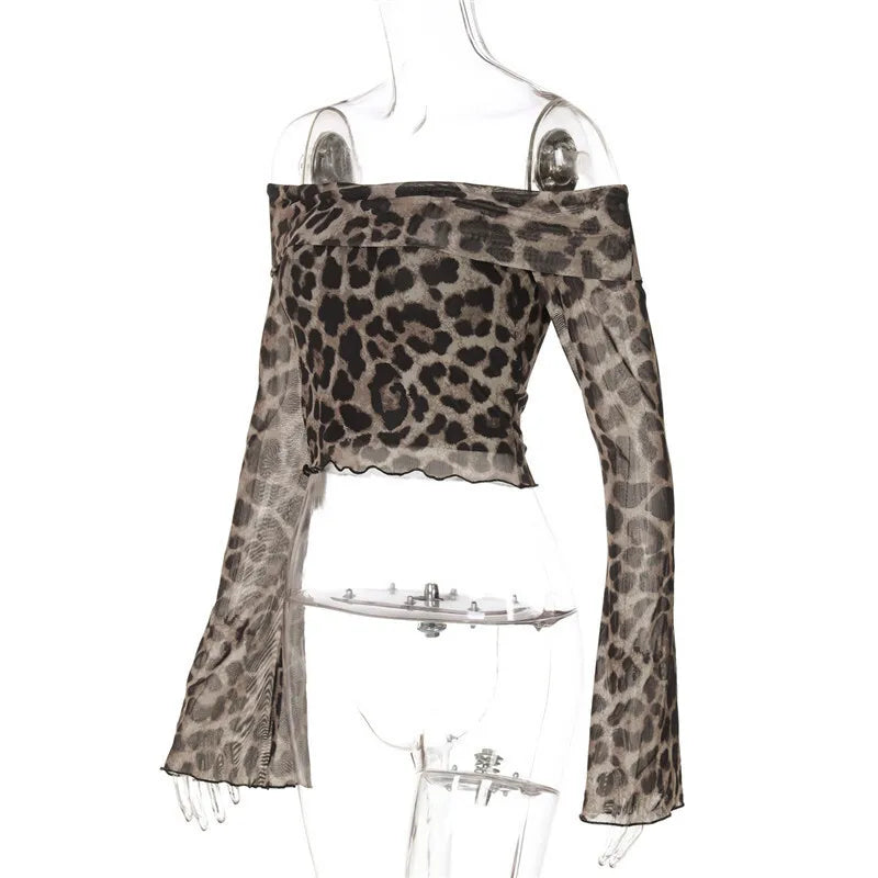 Off Shoulder Printed Leopard Long Sleeve Top