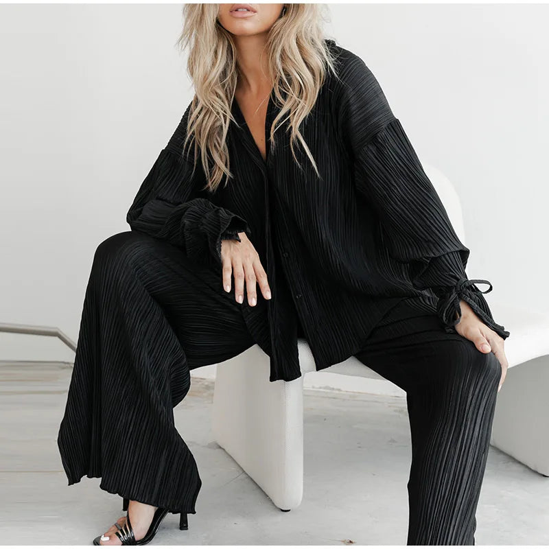 2 Piece Set Blouse Tops and Split Wide Leg Pants
