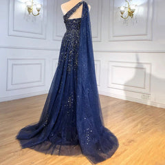 One-Shoulder Cape Sleeve A-Line Beaded Gown