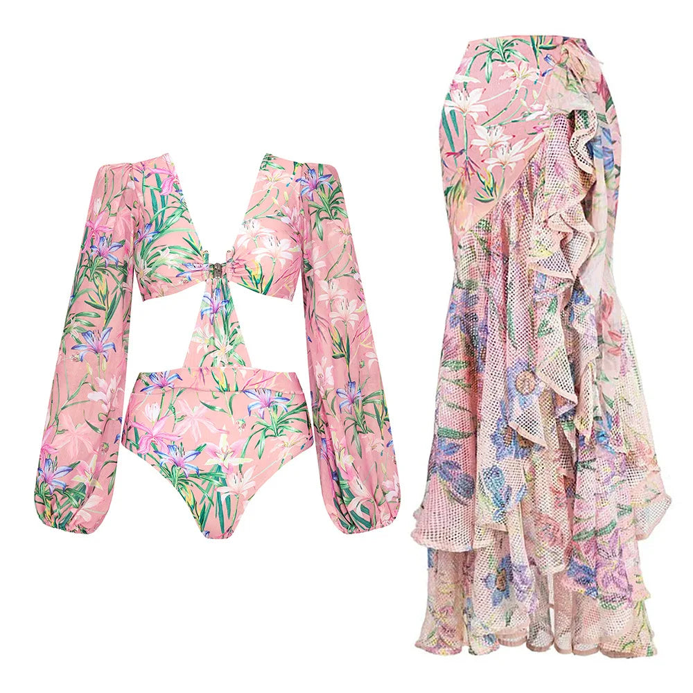One Piece Swimsuit Floral Ruffle Printed Push-Up Bikini Set