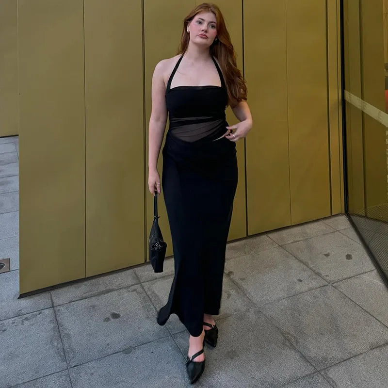 Mesh Patchwork Backless Halter Bodycon Gown