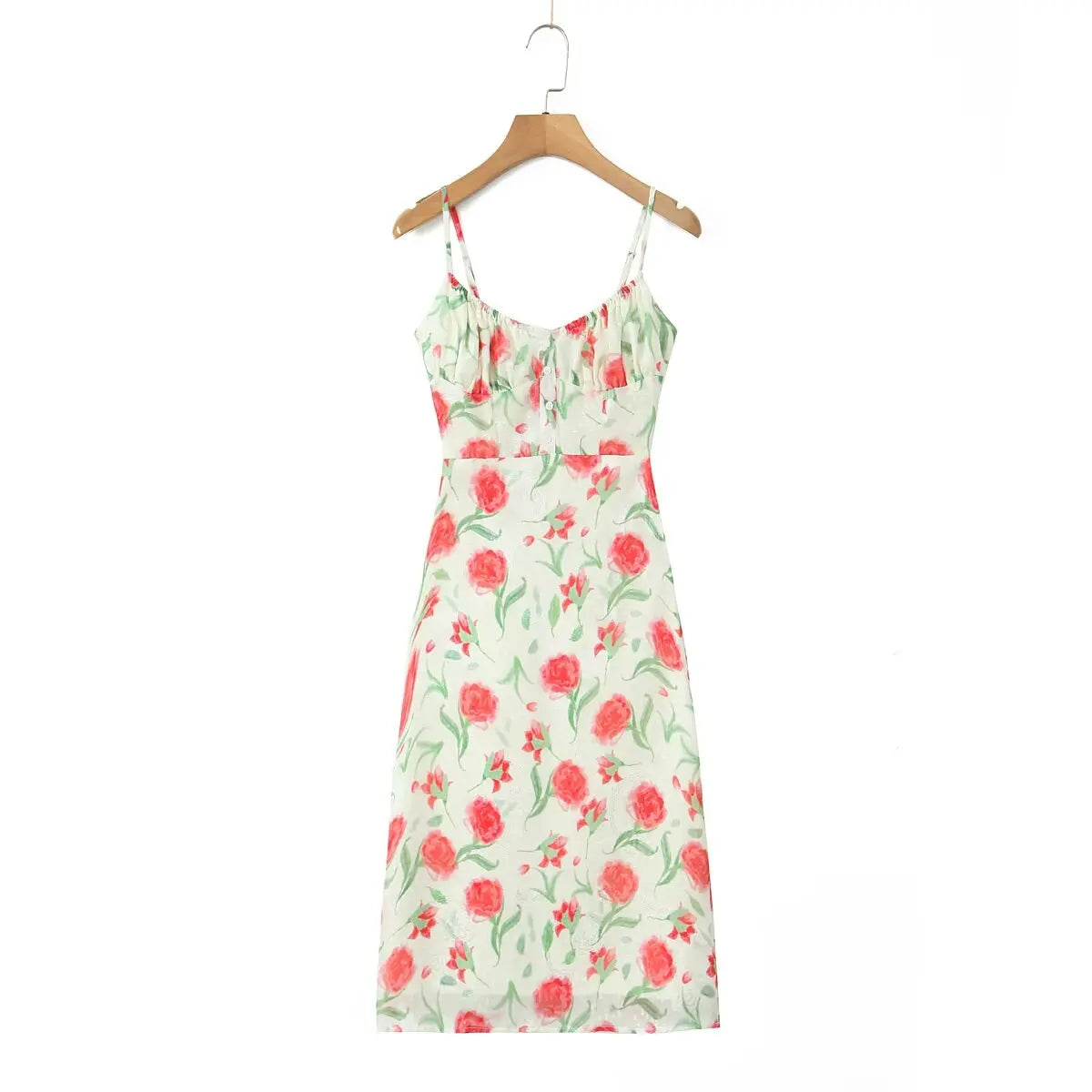 Large Flowers Elastic Buttons Midi Dress