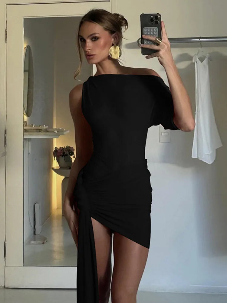 Oblique-Shoulder Backless Irregular Draped Dress