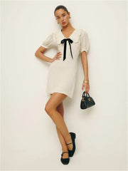 Short Puff Sleeve Bow Detail Dots Print Mini Dress