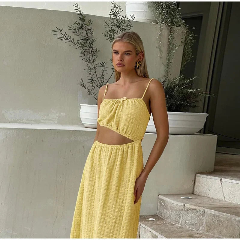 Lace Up Solid Color Open Back Long Dress