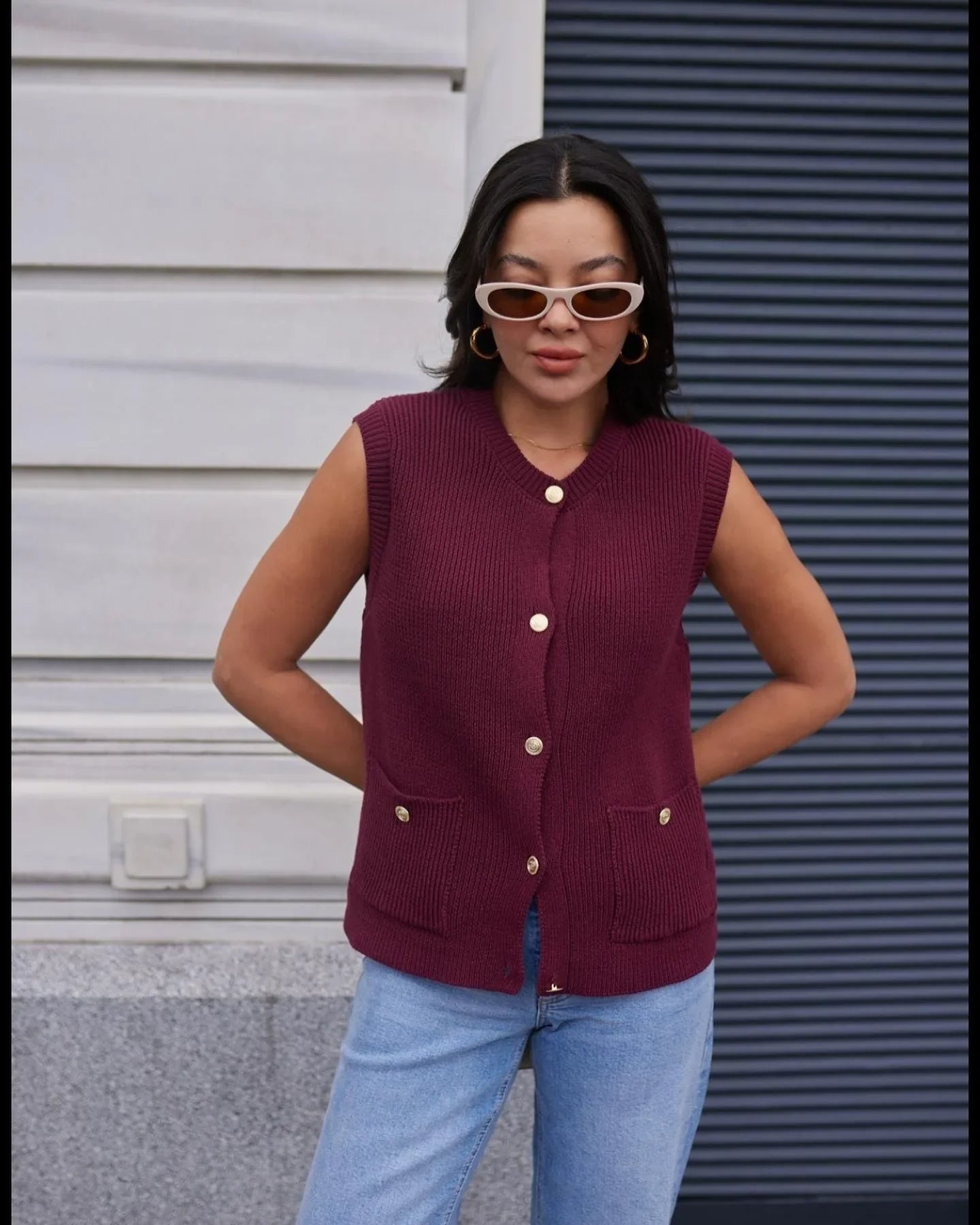 Sleeveless Pocket Solid Knit Cardigan