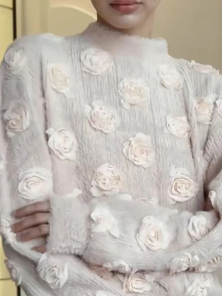 Knitting 3D Flower Lantern Sleeve Top and Long Skirt Suit