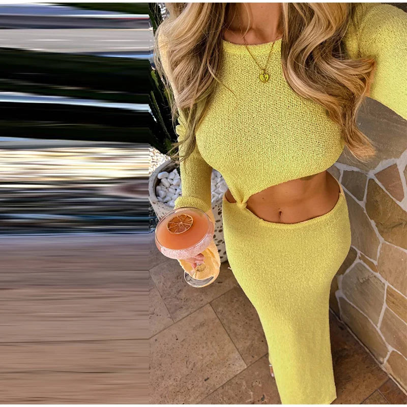 Knitted Hollow Out Solid O-neck Slit Maxi Dress