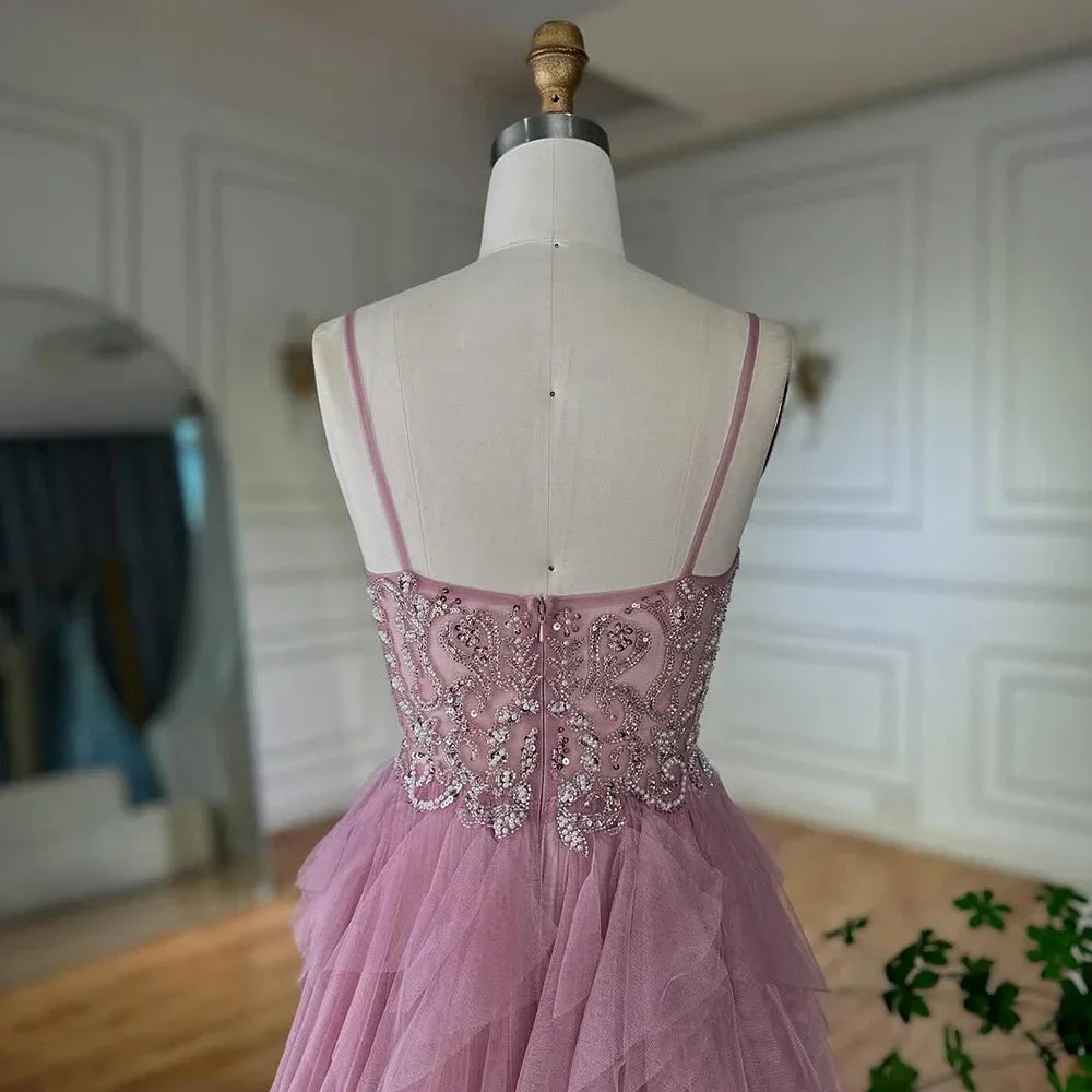 Pink Evening Gown Beaded Bodice and Layered Tulle Skirt