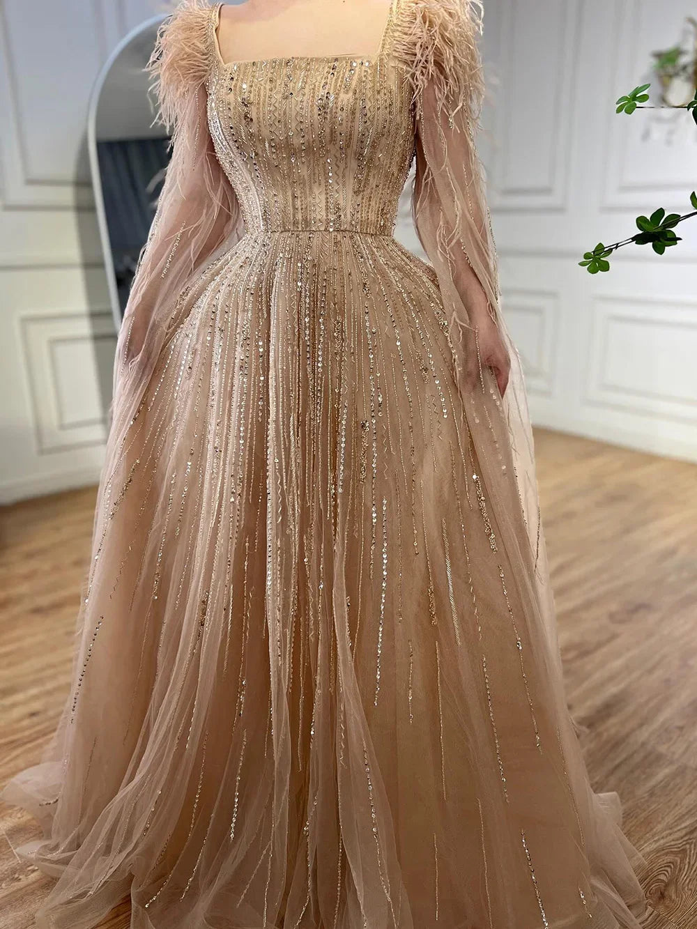 Cape Sleeves Feathers Beaded Evening Dresses