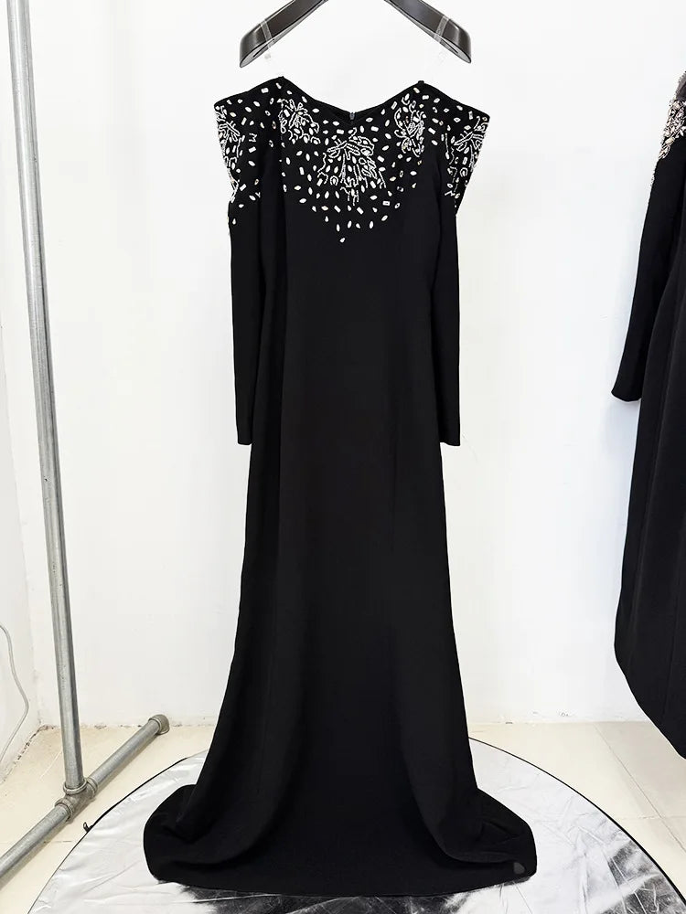 Diamonds Beaded Slash Neck Off The Shoulders Maxi Dress