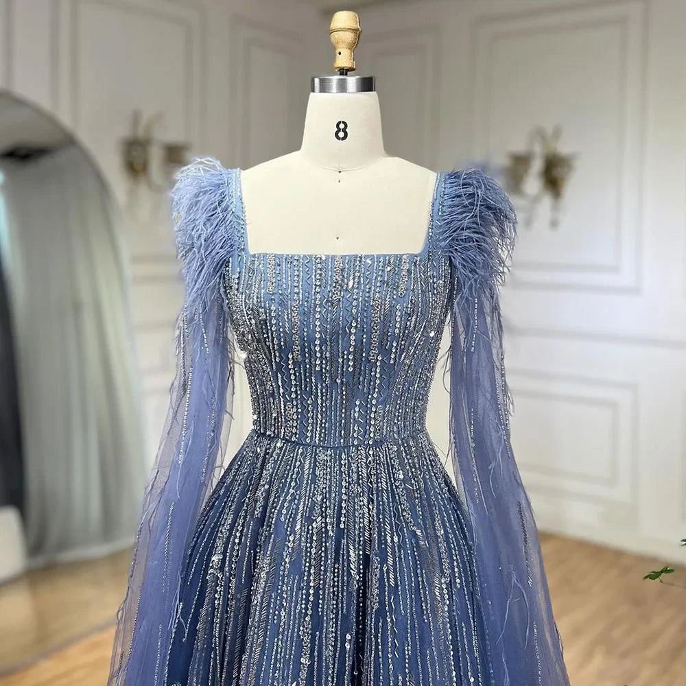 Cape Sleeves Feathers Beaded Evening Dresses