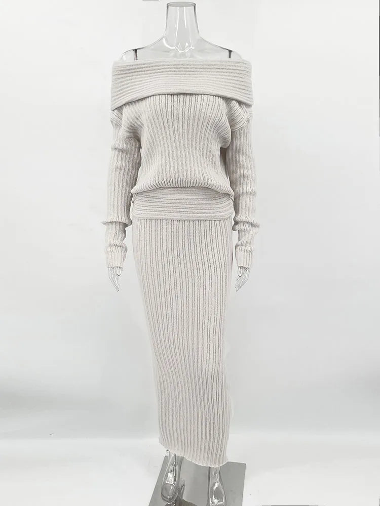 Knitted One-Shoulder Long Sleeves Sweater Skirt Suit
