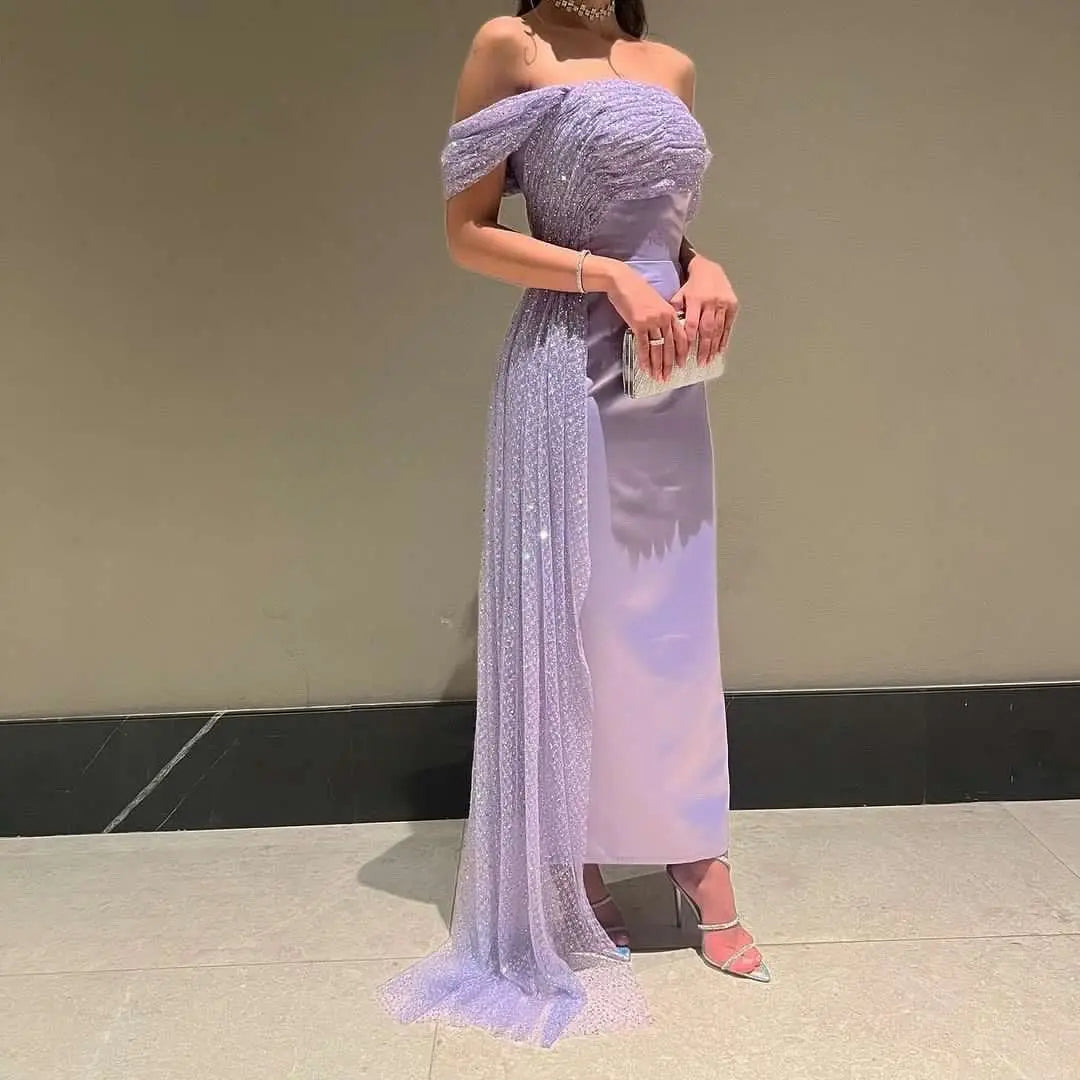 Off-Shoulder Lilac Evening Dress with Overskirt Beaded