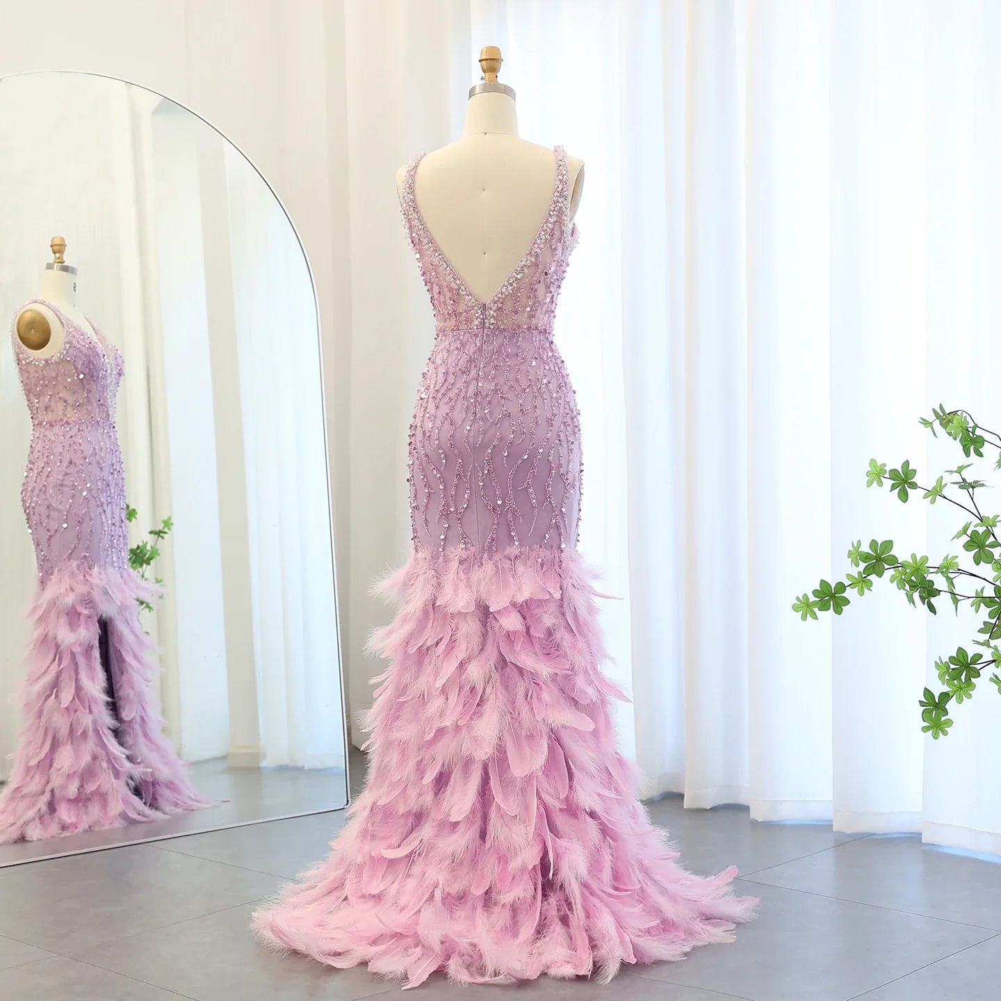 Blue Mermaid Evening Gown with Feather Details