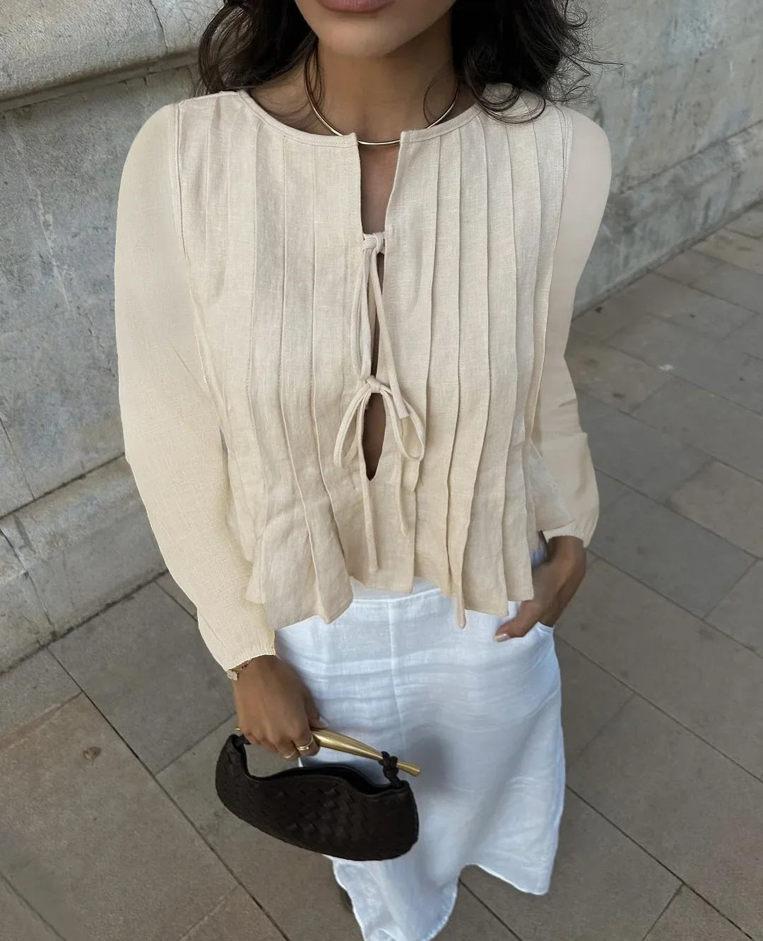 Patchwork Long Sleeve Lace-Up Top