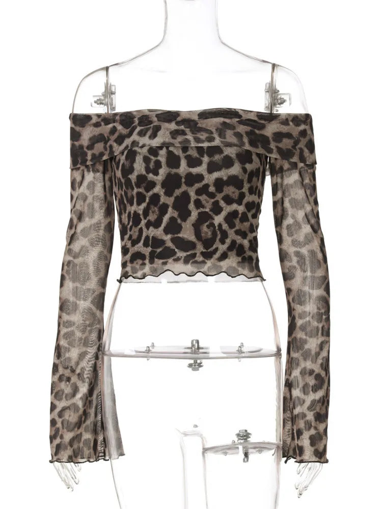 Off Shoulder Printed Leopard Long Sleeve Top