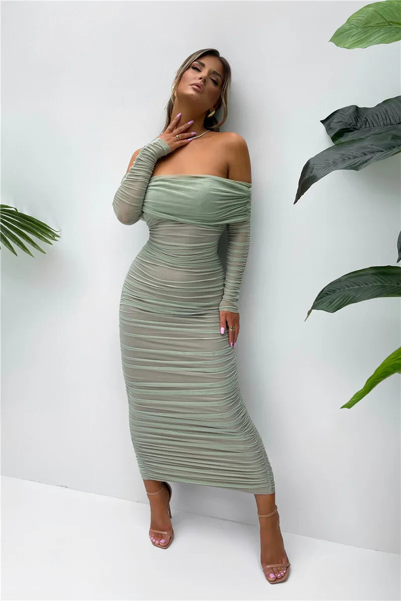 Off-shoulder Slash Neck Solid Maxi Dress