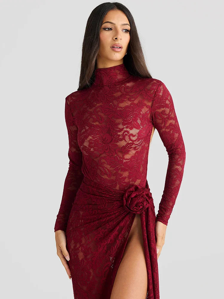 Turtleneck Top And Floral Split Long Skirt Sets
