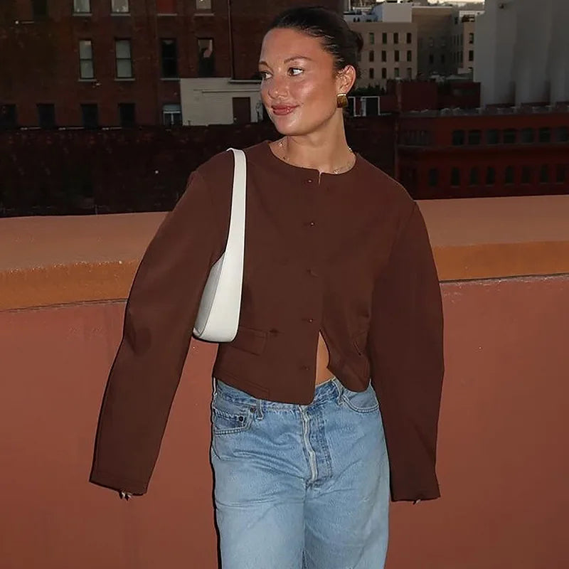 Round Neck Long Sleeve Jacket Mini Skirt Suit