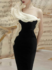 Diagonal Neck Patchwork Ruffles Folds Dress