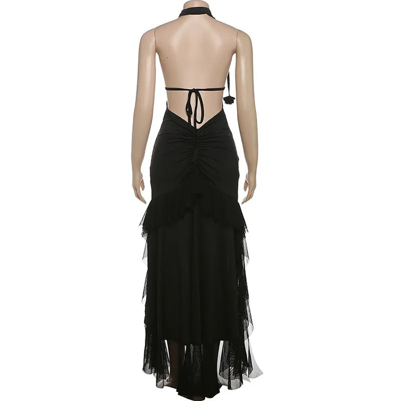 Black Deep Neck Open Back  Ruffled Maxi Dress