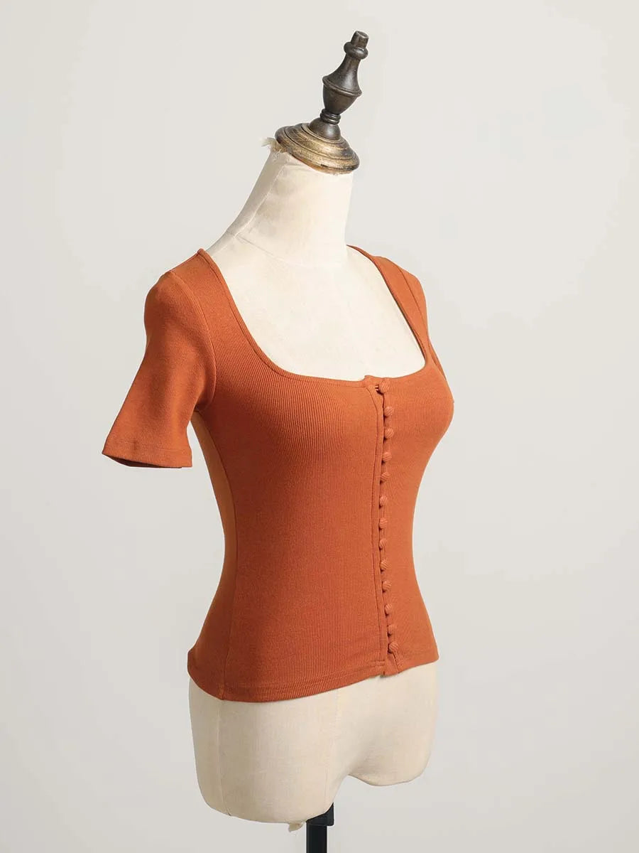 Square Collar Cotton Short Sleeve Tops