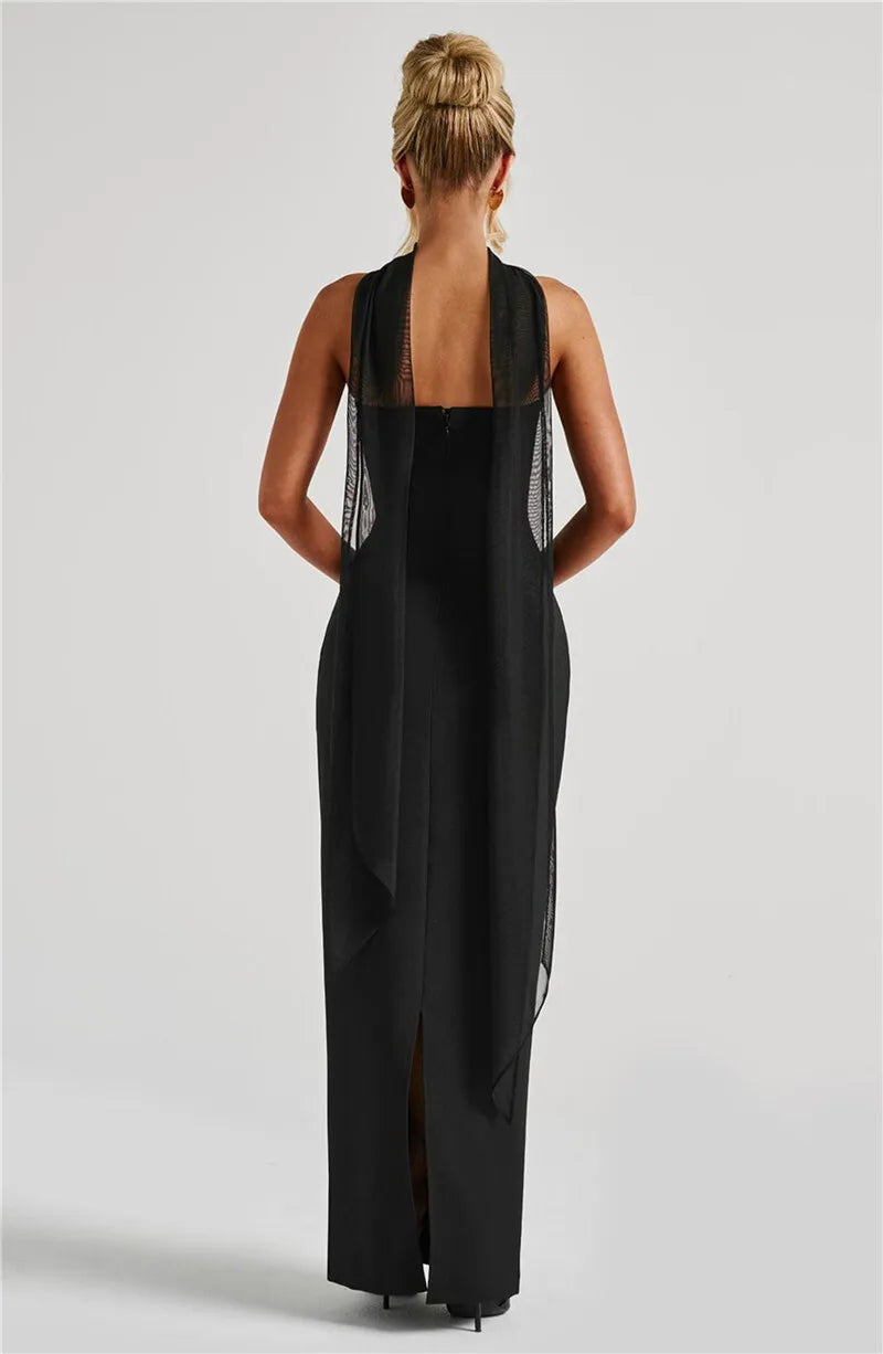 Scarf Collar Strapless Off-shoulder Long Dress