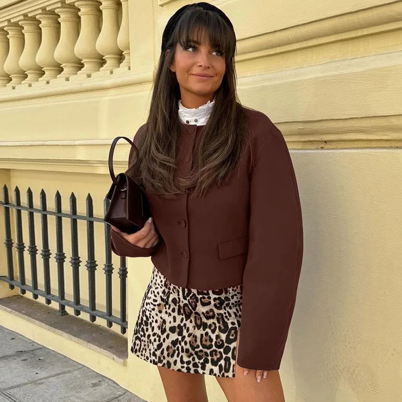 Round Neck Long Sleeve Jacket Mini Skirt Suit
