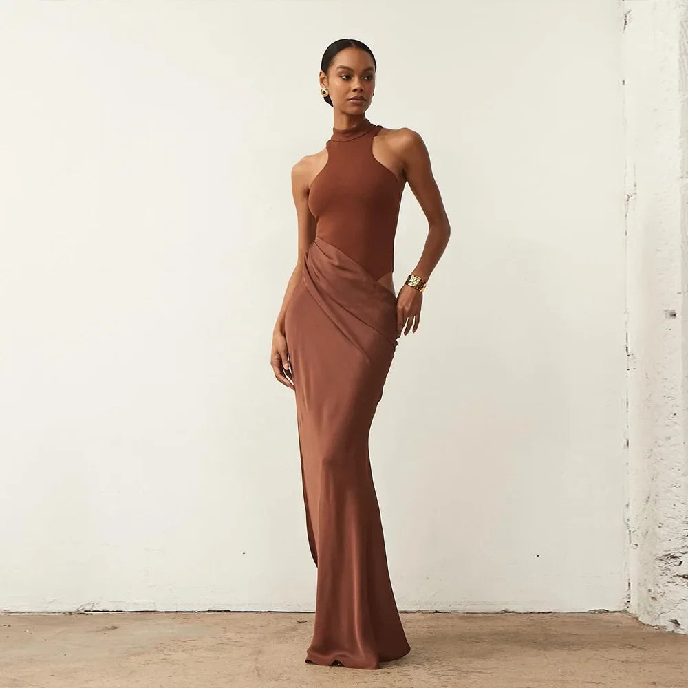 Satin Sleeveless High Neck Dress