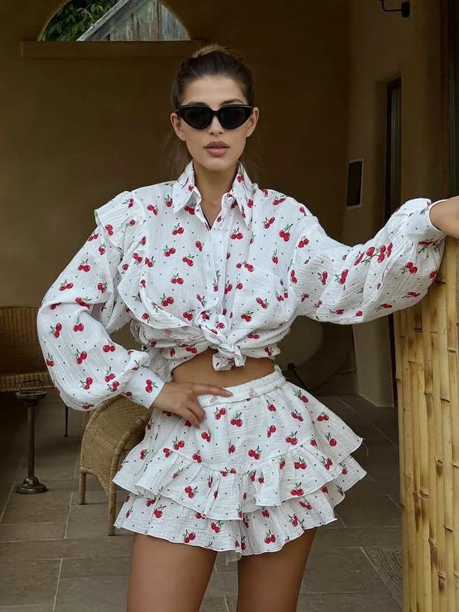 Ruffled Printed Long Sleeve Top and Shorts Sets