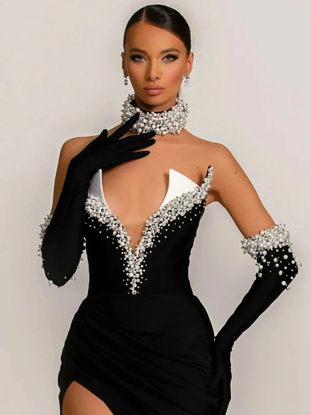 Strapless Pearl Diamond Black Velvet Beaded Maxi Dress