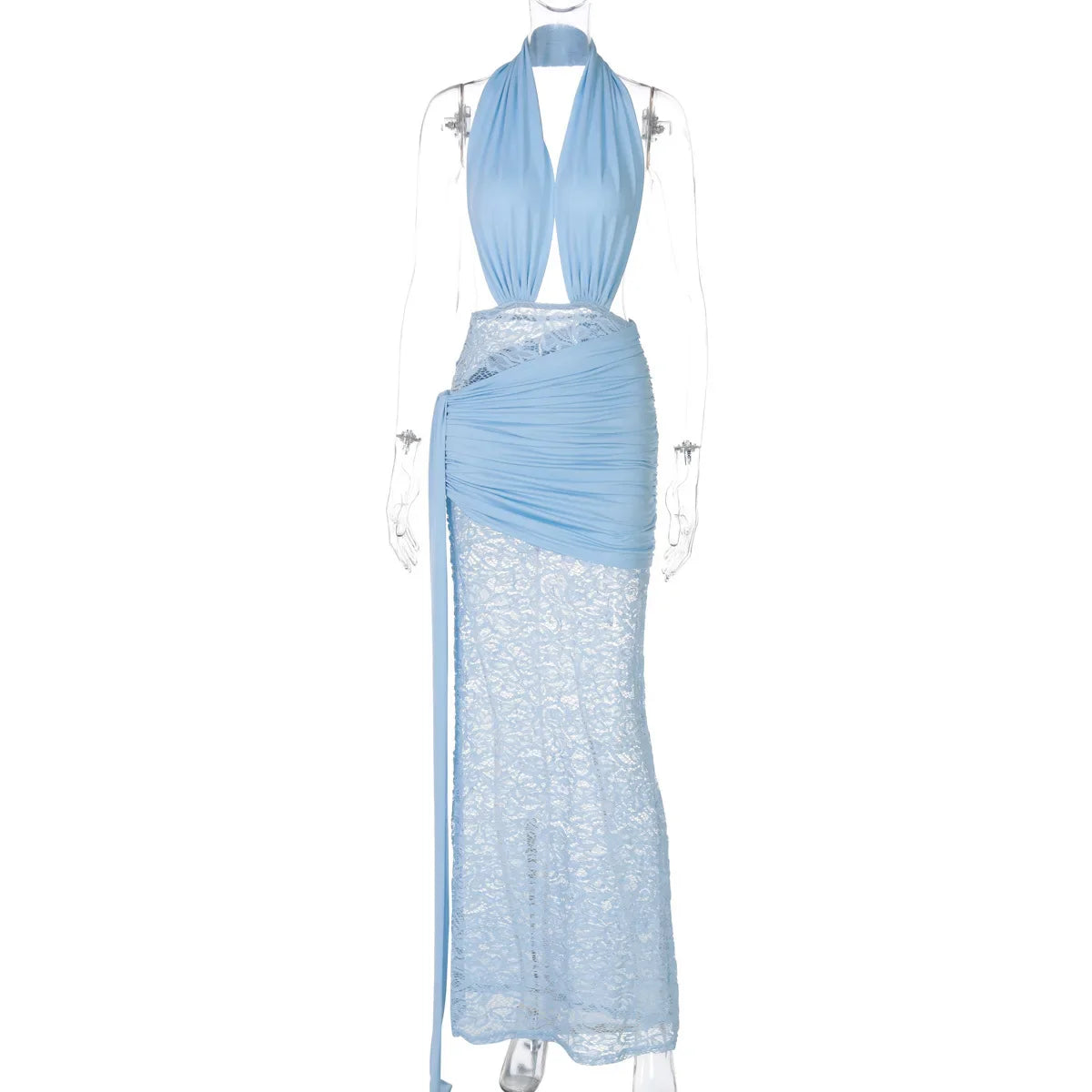 Halter Deep V Neck Lace Sleeveless Long Dress