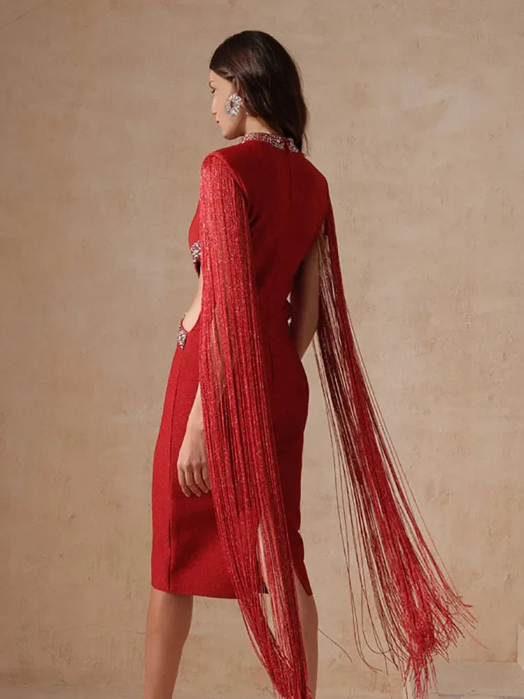 Fringe Sleeve Tassel Sequined Midi Dress