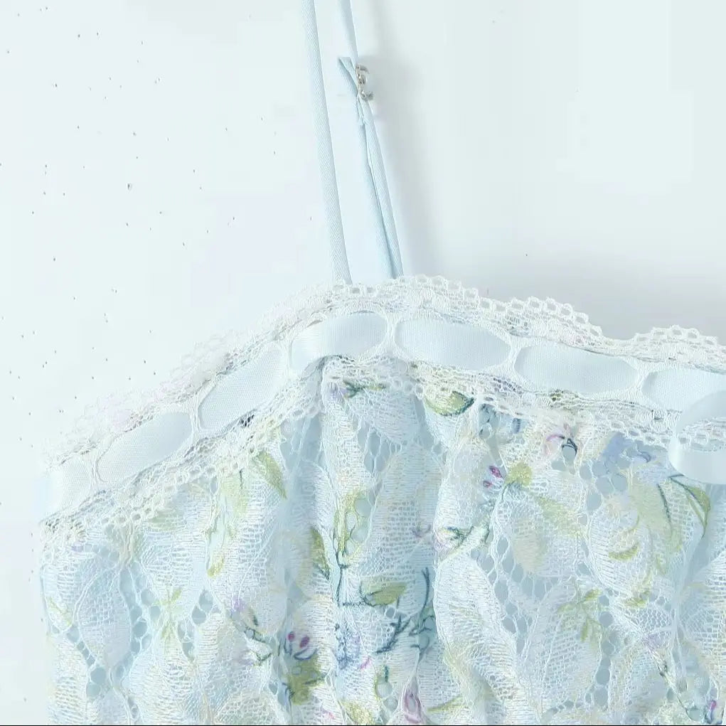 Flower Print Lace Bow Slash Collar Mini Dress