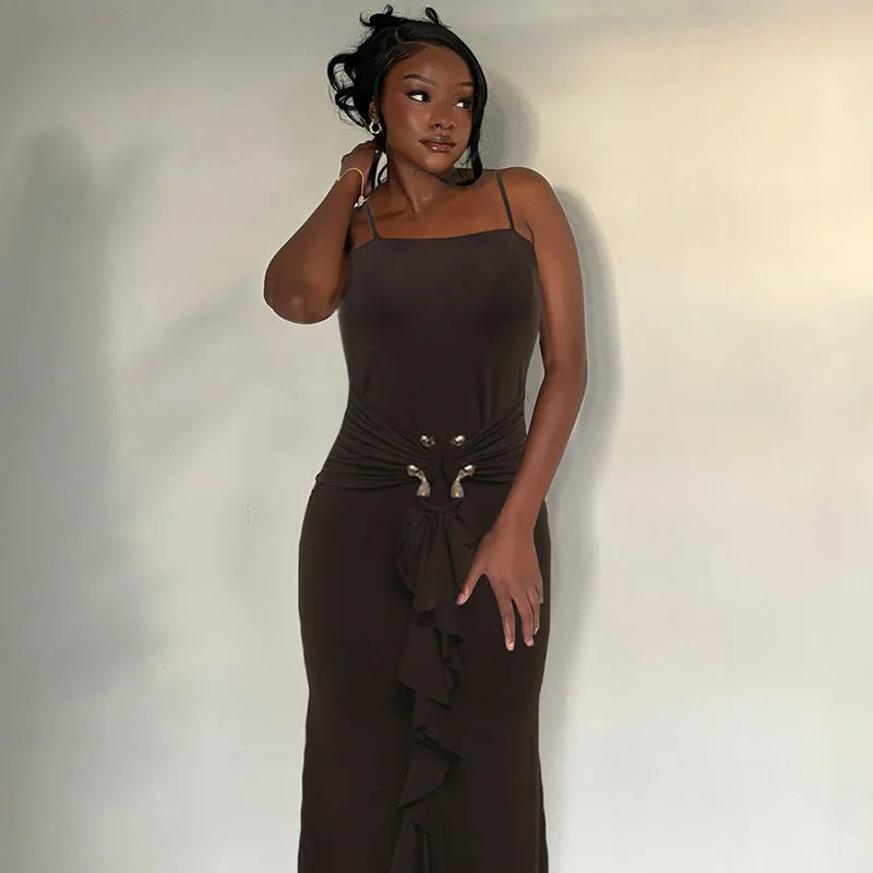 Metal Buckle Ruched Spaghetti Strap Long Dress