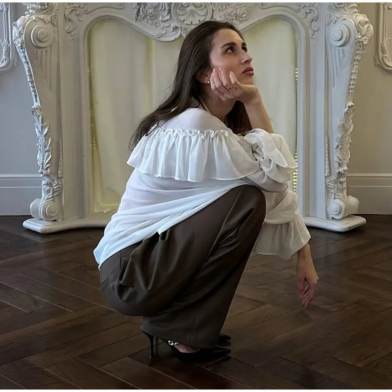 See Through Solid Long Sleeved Ruffles Tops