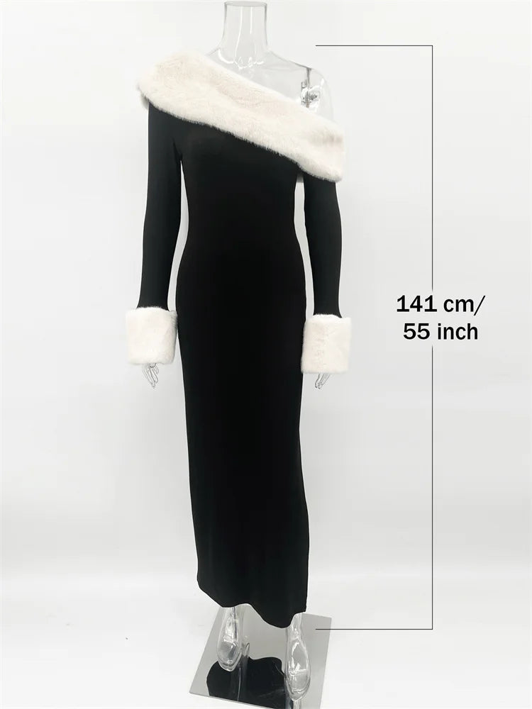 Fluffy Long Sleeve Off-Shoulder Patchwork Dress
