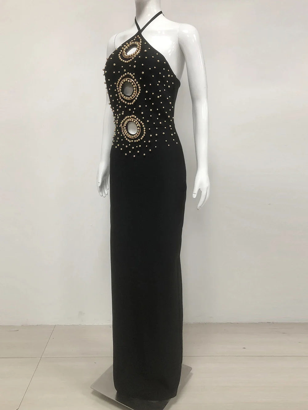 Halter Bead Hollow Design Backless Long Dress