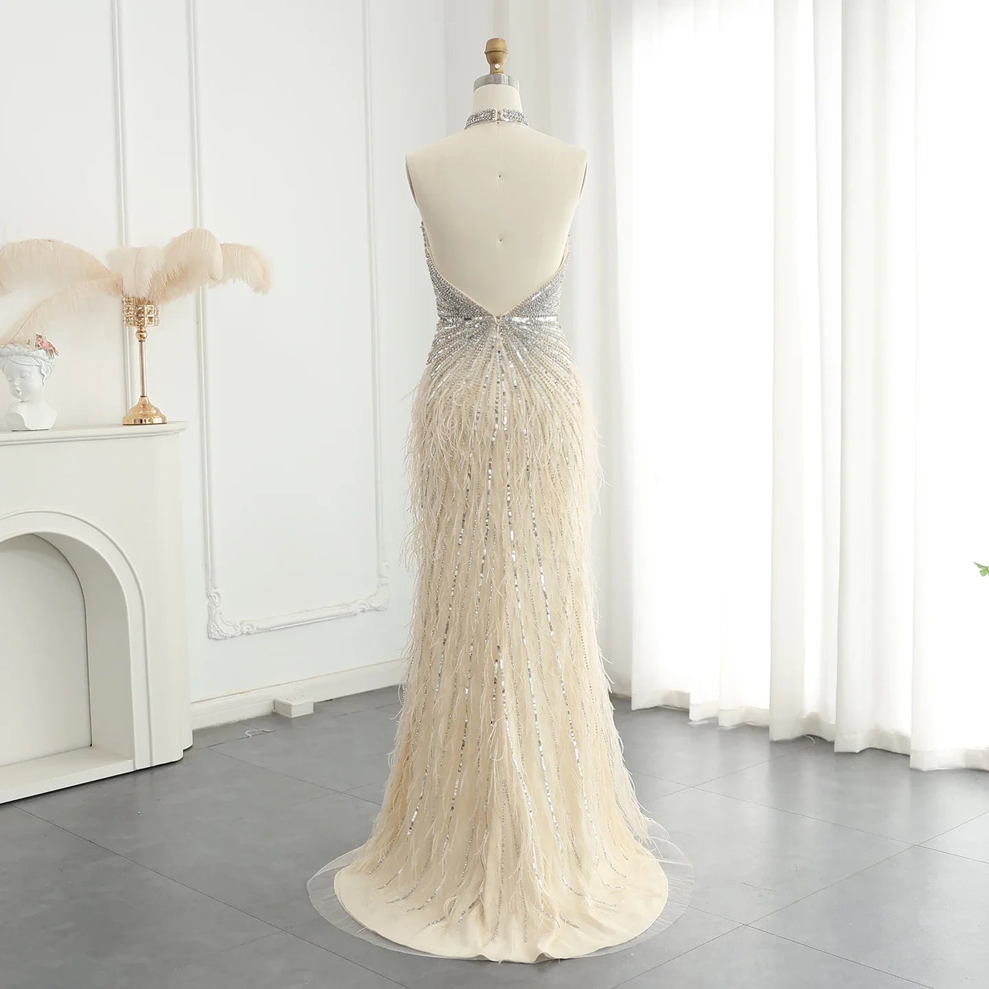 Beaded Feathers Mermaid Halter Backless Gown