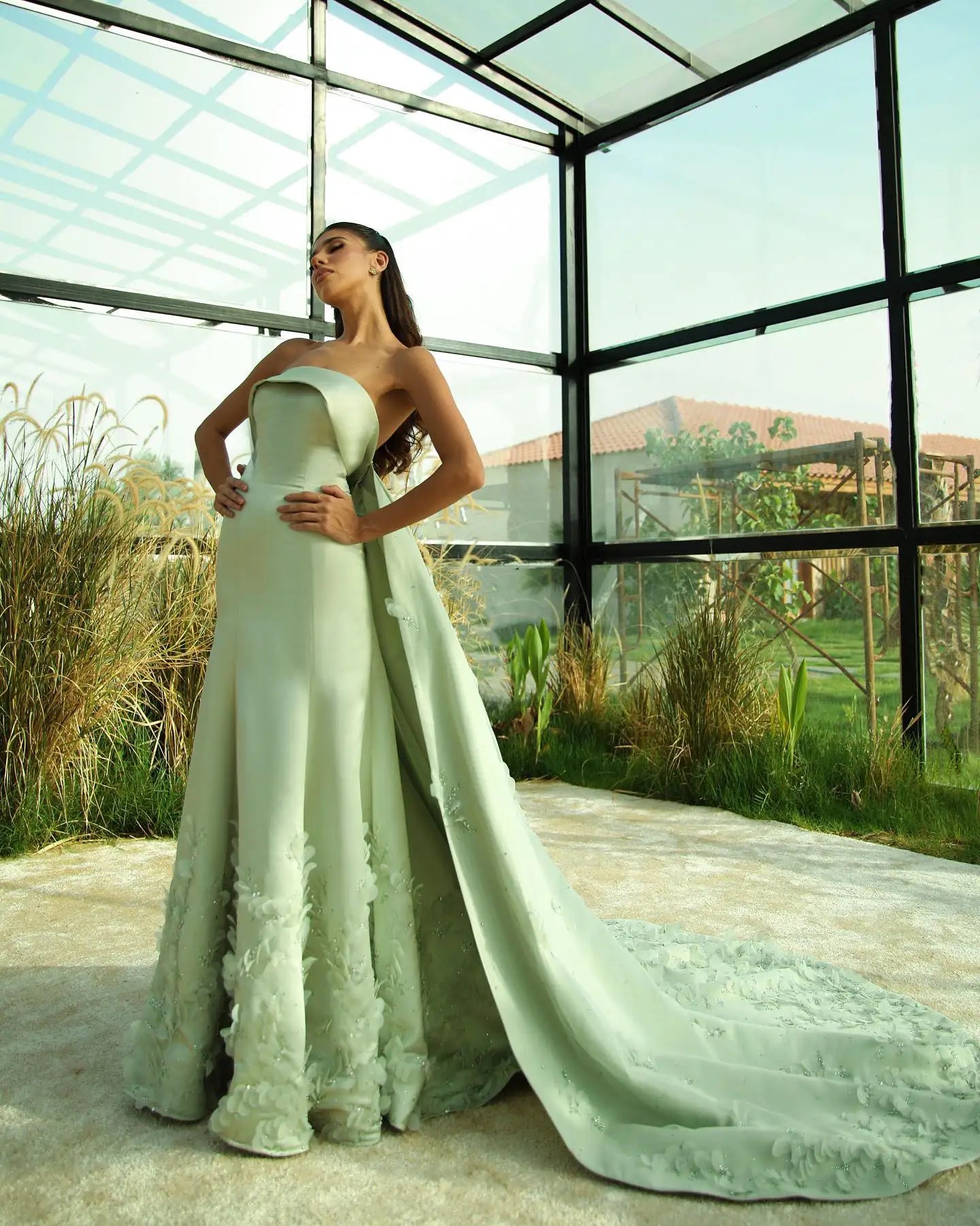Crystal 3D flower Sage Green Satin Dress with Cape