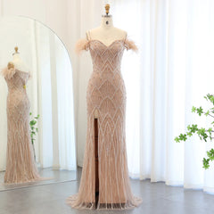 Feathers Beaded Long Prom Formal Gowns