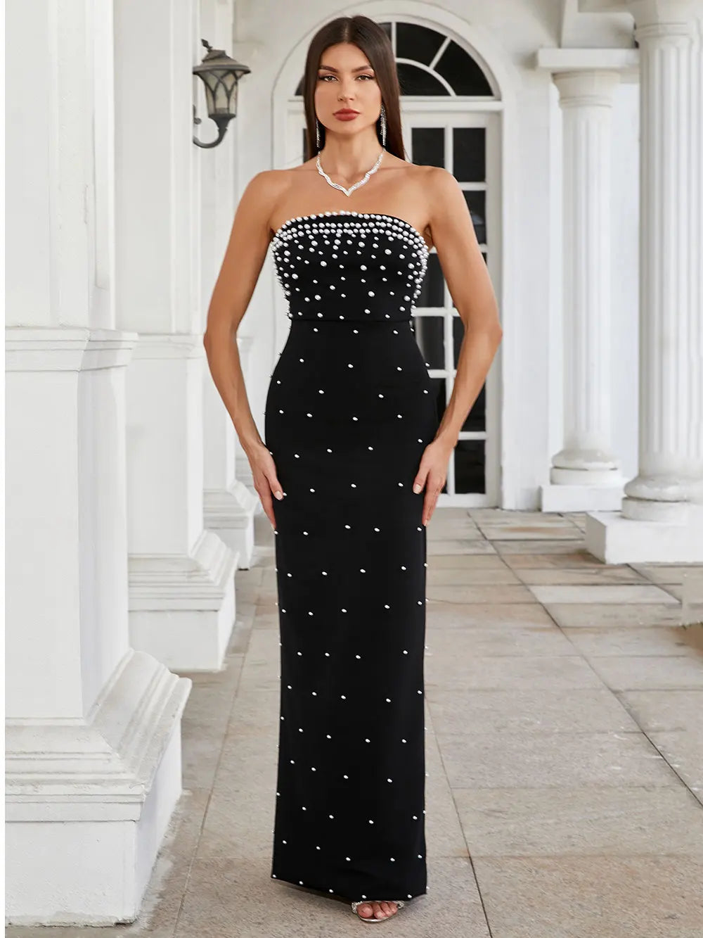 Pearl Design Bandage Strapless Long Dress