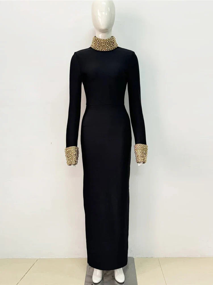 Turtleneck Gold Pearls Long Sleeve Dress