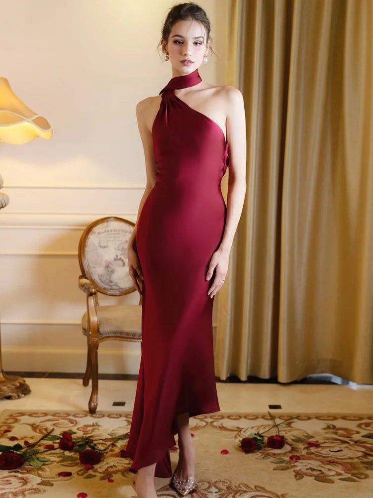 Scarf Collar Backless Solid Long Dress