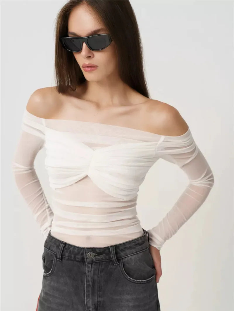 Mesh Off-shoulder Pleated Bust Strapless See Through Top