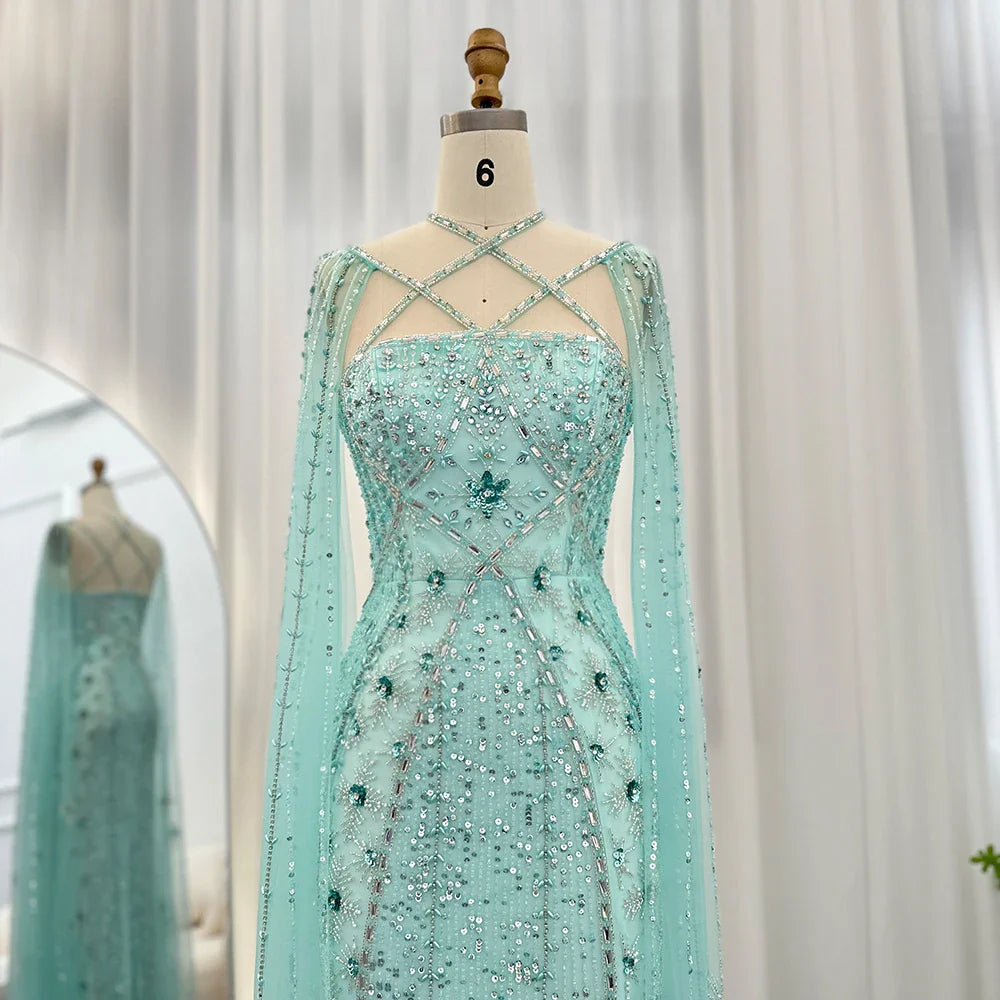 Aqua Mermaid Evening Gown with Cape Sleeves