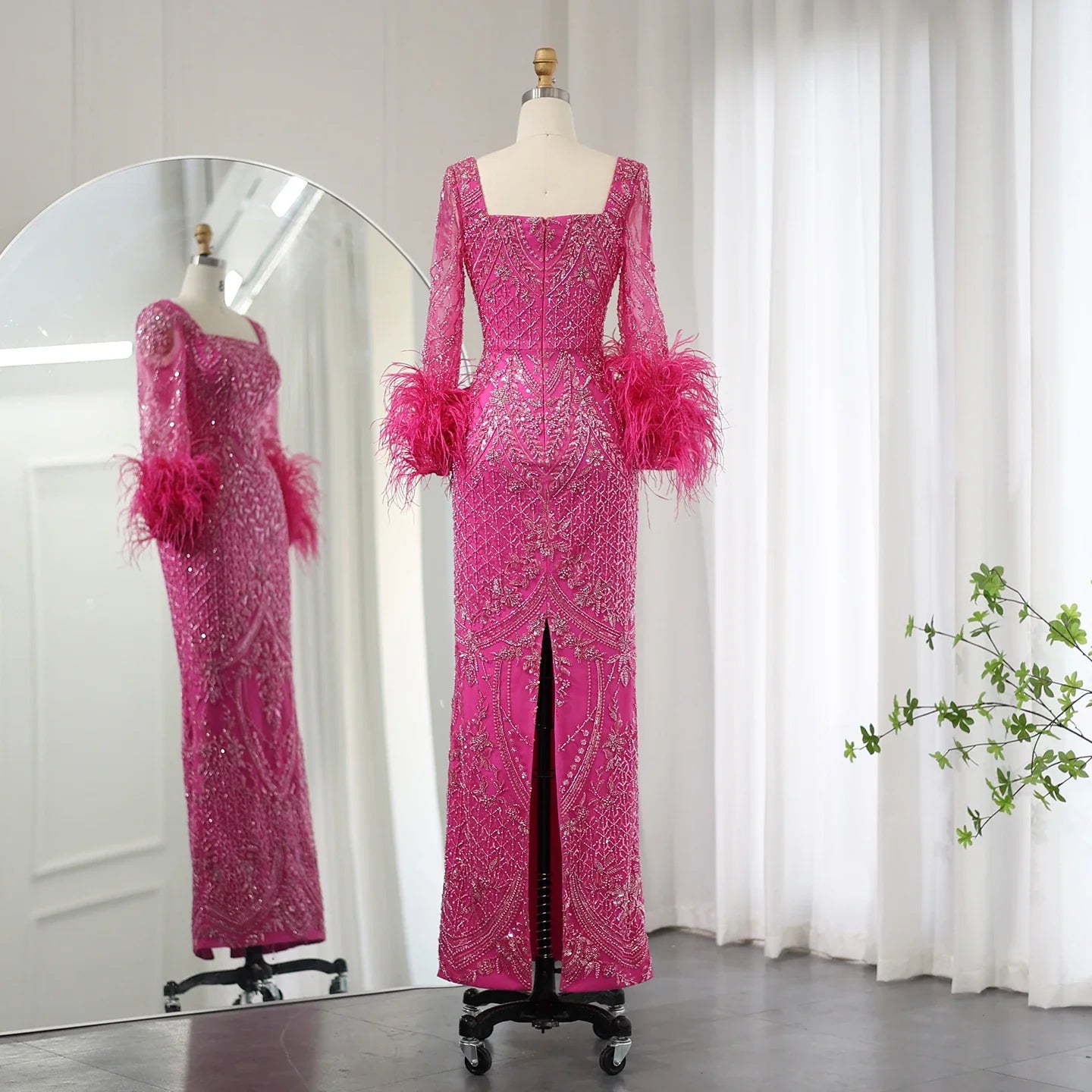 Fuchsia Feather Modest Long Sleeves Evening Gown