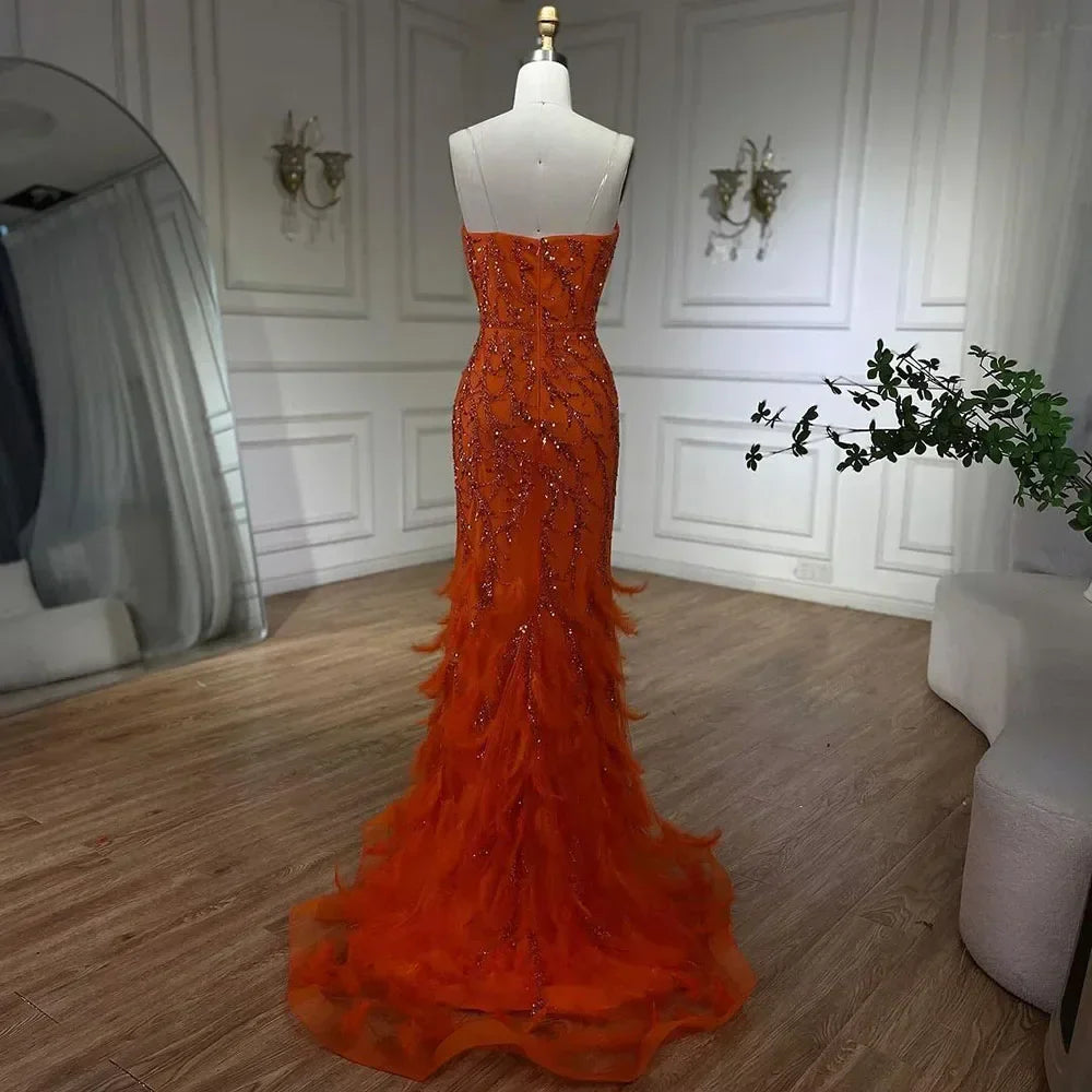 Spaghetti Strap Mermaid Feathers Beaded Prom Dress